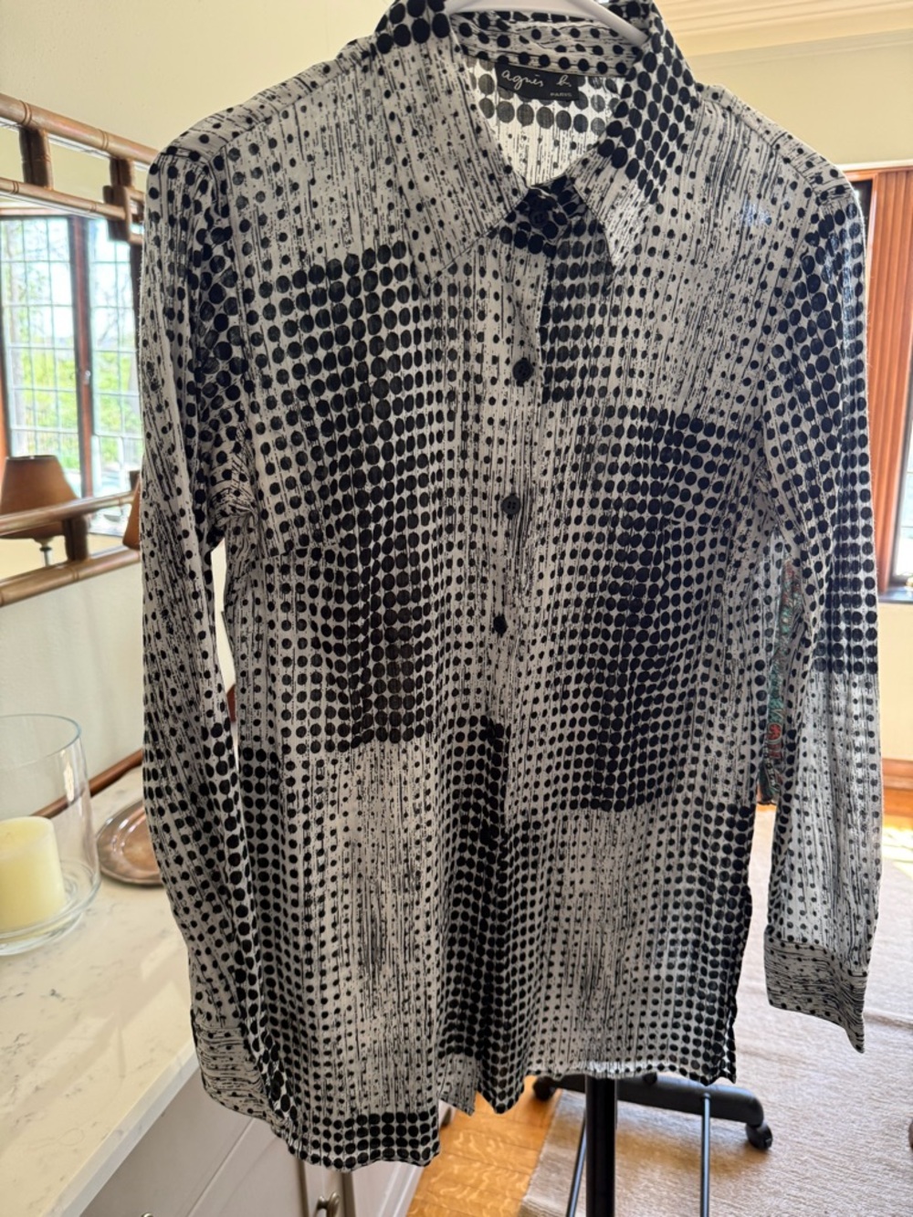 Agnes B. France Black White Dot-Grid Button-Down Shirt size 40